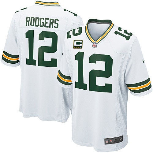 Youth Elite Aaron Rodgers C Patch Nike Jersey White Road - #12 NFL Green Bay Packers